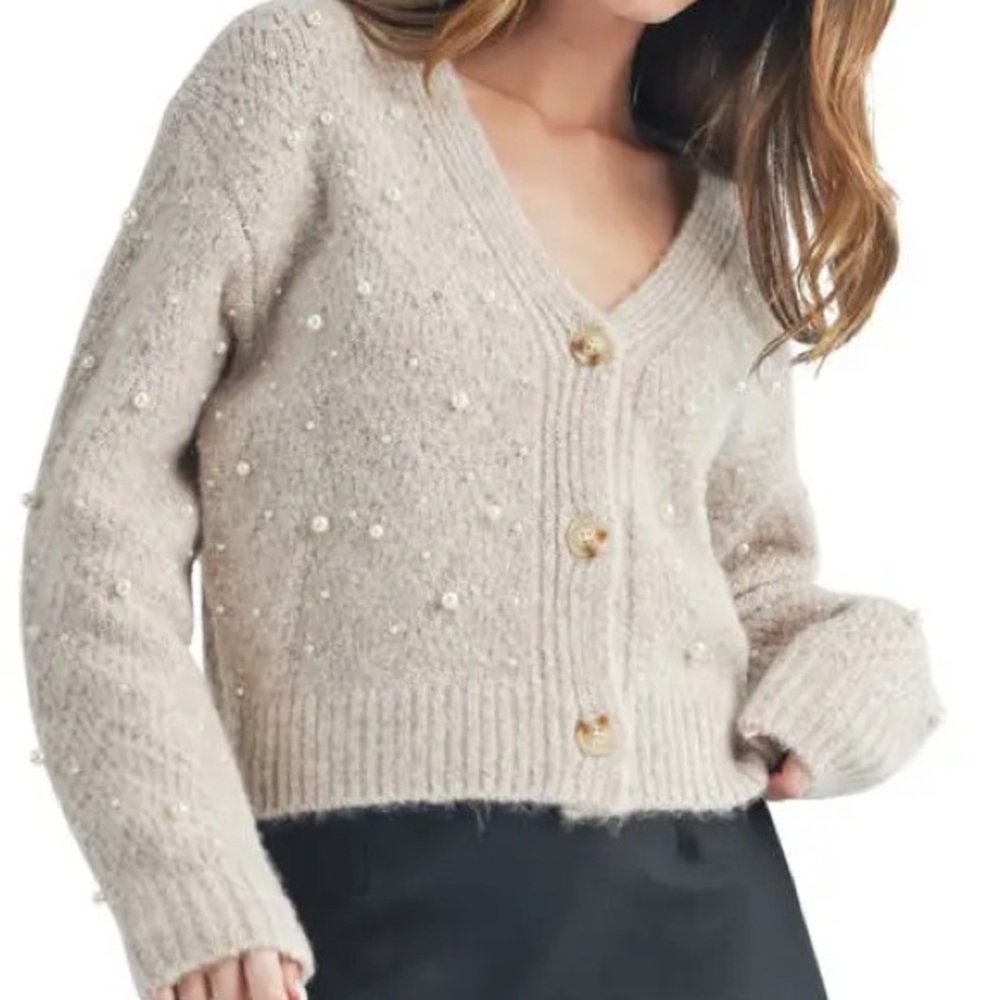 All in Favor Taupe Cardigan with Pearl Details
